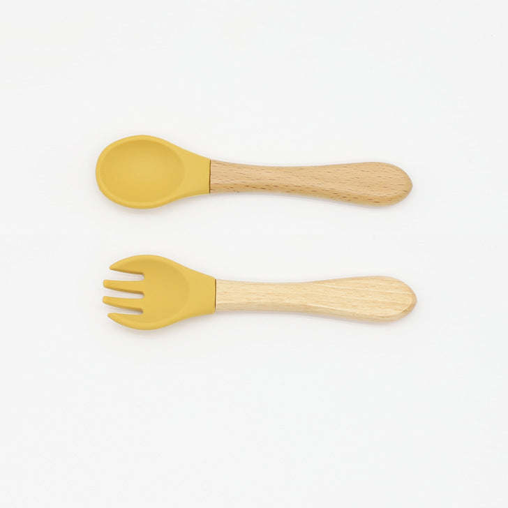 Baby Food Grade Wooden Handles Silicone Spoon Fork Cutlery