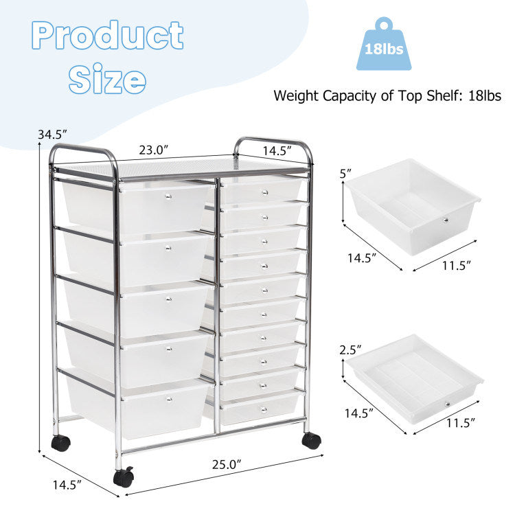 15-Drawer Utility Rolling Organizer Cart Multi-Use Storage