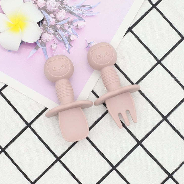 Baby Bear Pattern Complementary Food Training Lovely Silicone Spoon Fork Sets