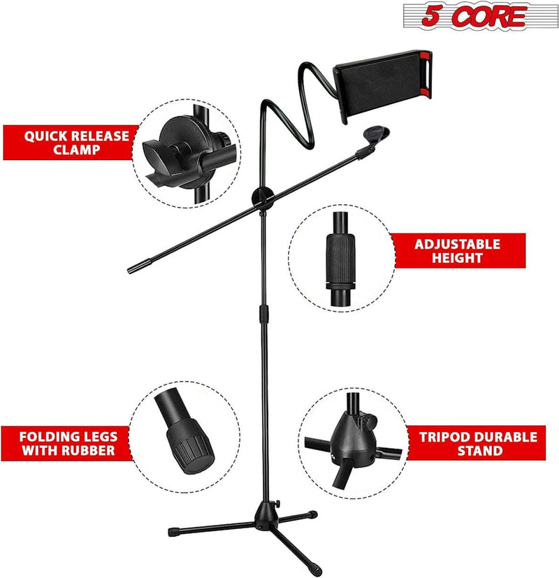 Microphone Stand + Phone Holder Floor Boom Mic Stand Gooseneck + Tablet Holder