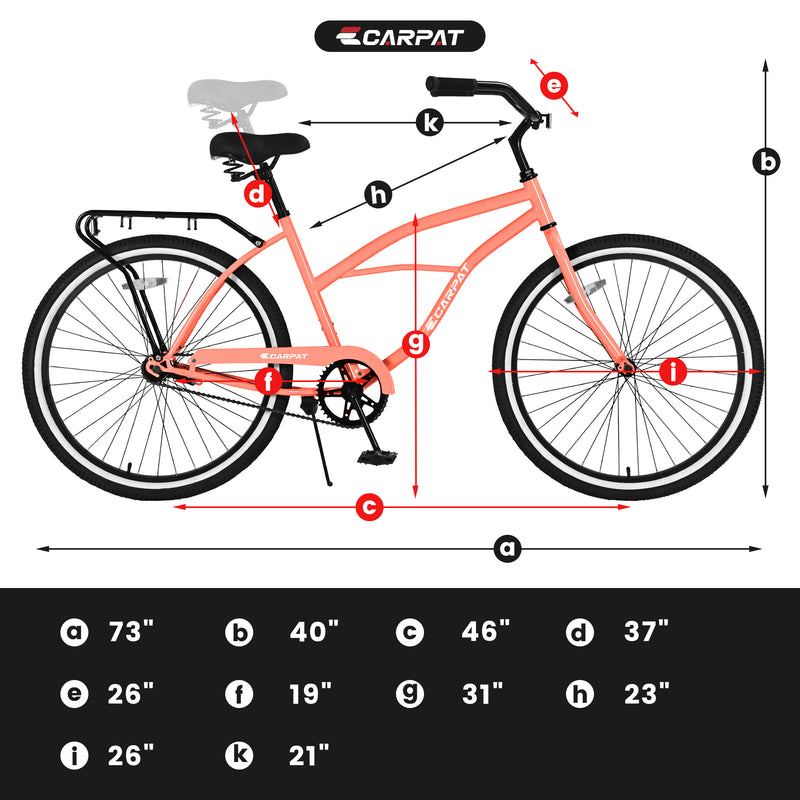 Steel Frame Single Speed Drivetrain Upright Comfortable Rides 26 Inch Beach Cruiser Bike