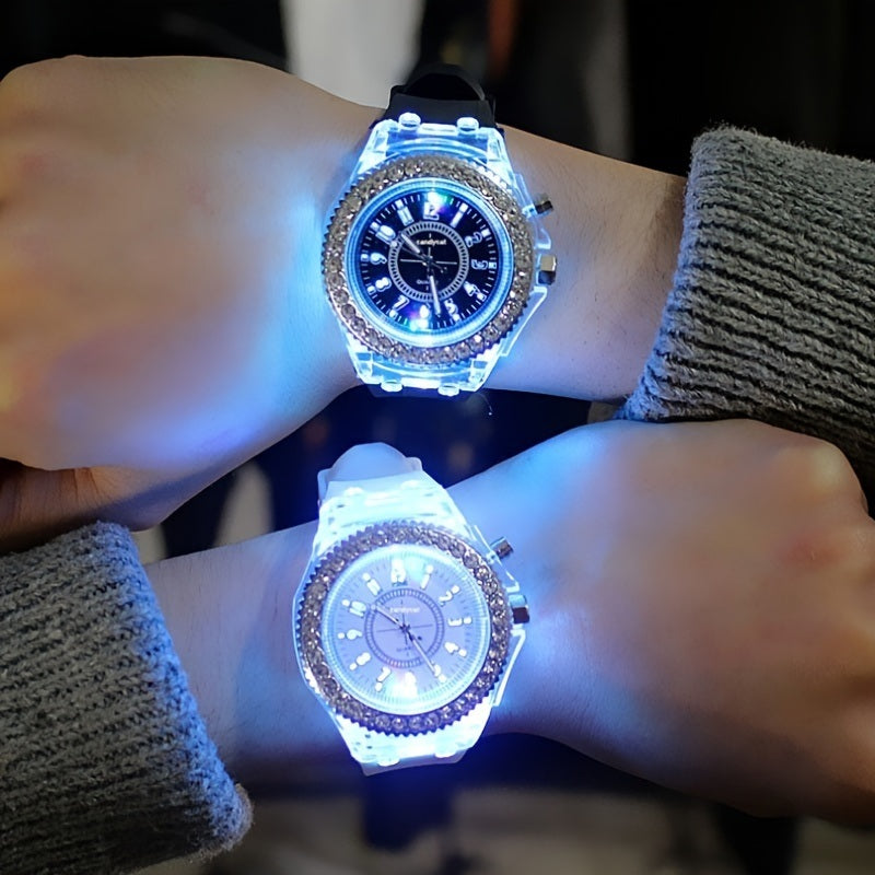 LED Flash Couple Silicone Round Quartz Sports Watch