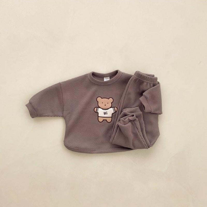 Cartoon Bear Embroidered Pattern Waffle Fabric Hoodies