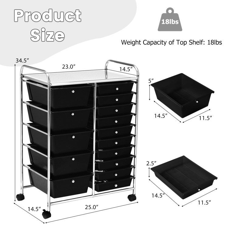 15-Drawer Utility Rolling Organizer Cart Multi-Use Storage