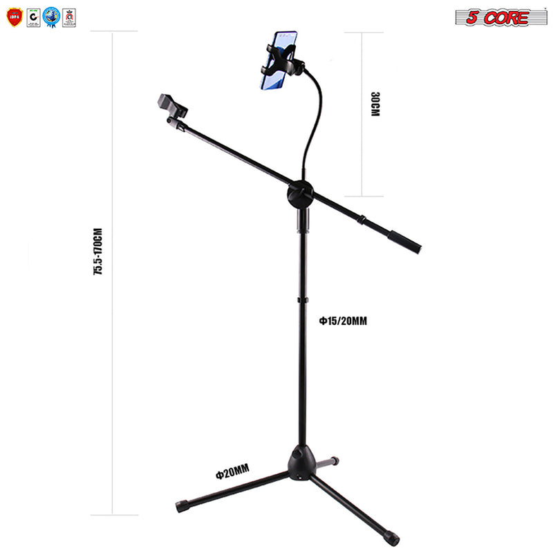 Microphone Stand + Phone Holder Floor Boom Mic Stand Gooseneck + Tablet Holder