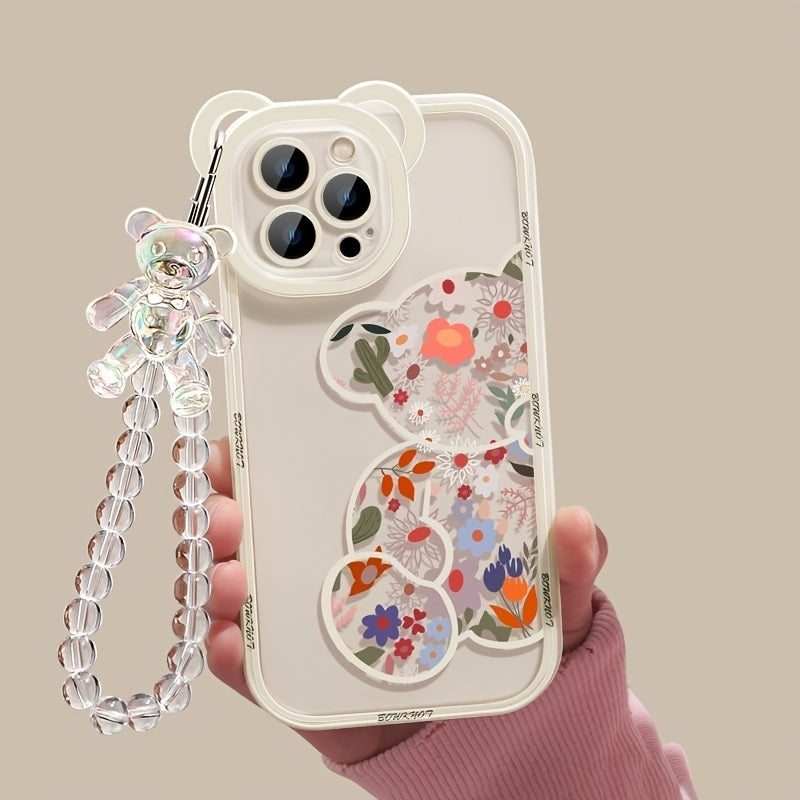 Cute Cartoon 3D Bear Ear Flower Transparent Hang Phone Chain Silicone Case