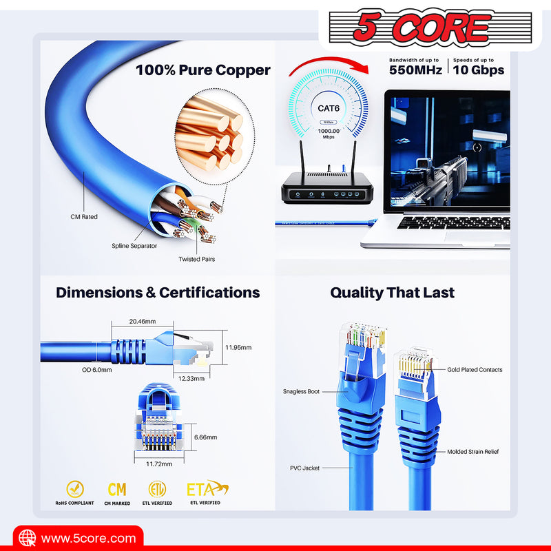 5 Core Cat 6 Ethernet Cable High Speed Internet LAN Patch Network Cables