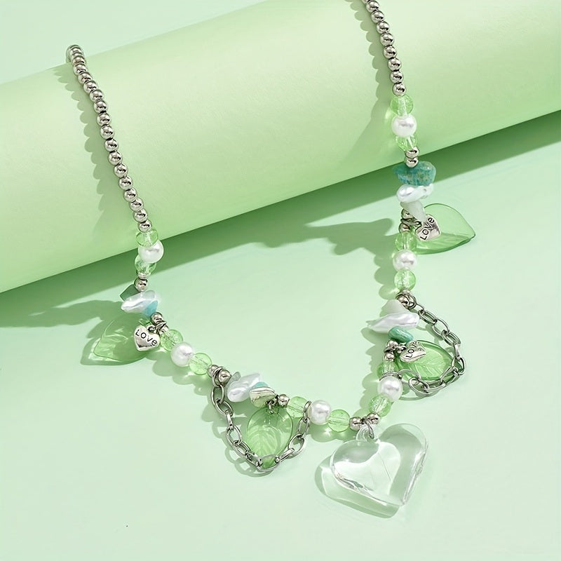 Delicate Gravel Leaf Heart Shape Stone Pendant Necklace