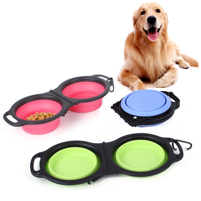 Rubber Folding Double Portable Pet Feeding Watering Bowl