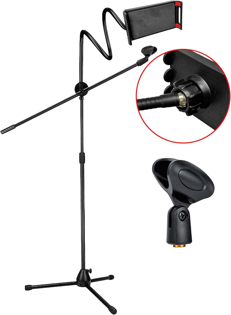 Microphone Stand + Phone Holder Floor Boom Mic Stand Gooseneck + Tablet Holder