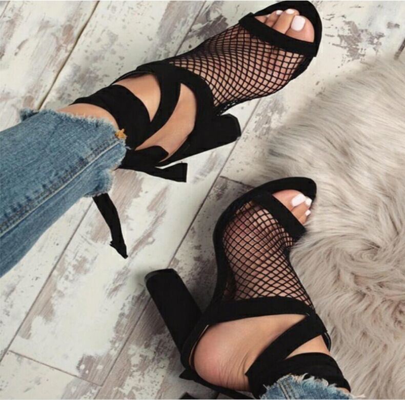 Bandage Flock Cross Strap Lace Up High Heels Sandal