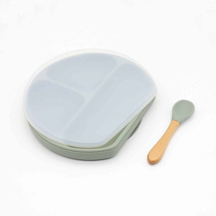 Baby Silicone Compartment Plate With Wooden Spoon