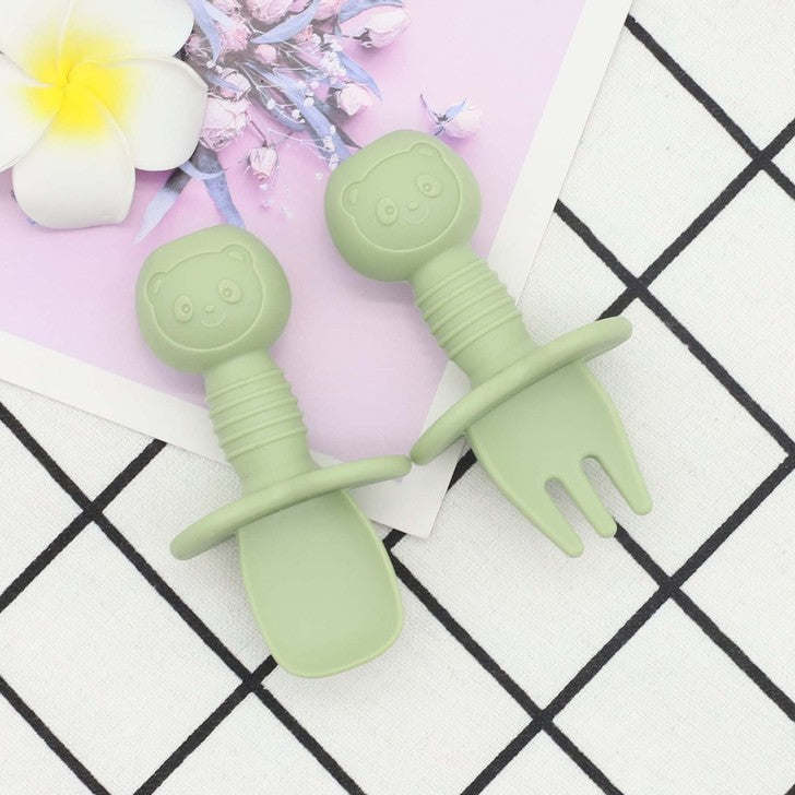 Baby Bear Pattern Complementary Food Training Lovely Silicone Spoon Fork Sets