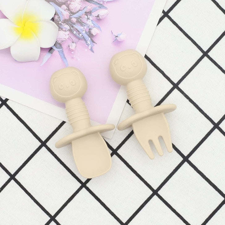 Baby Bear Pattern Complementary Food Training Lovely Silicone Spoon Fork Sets