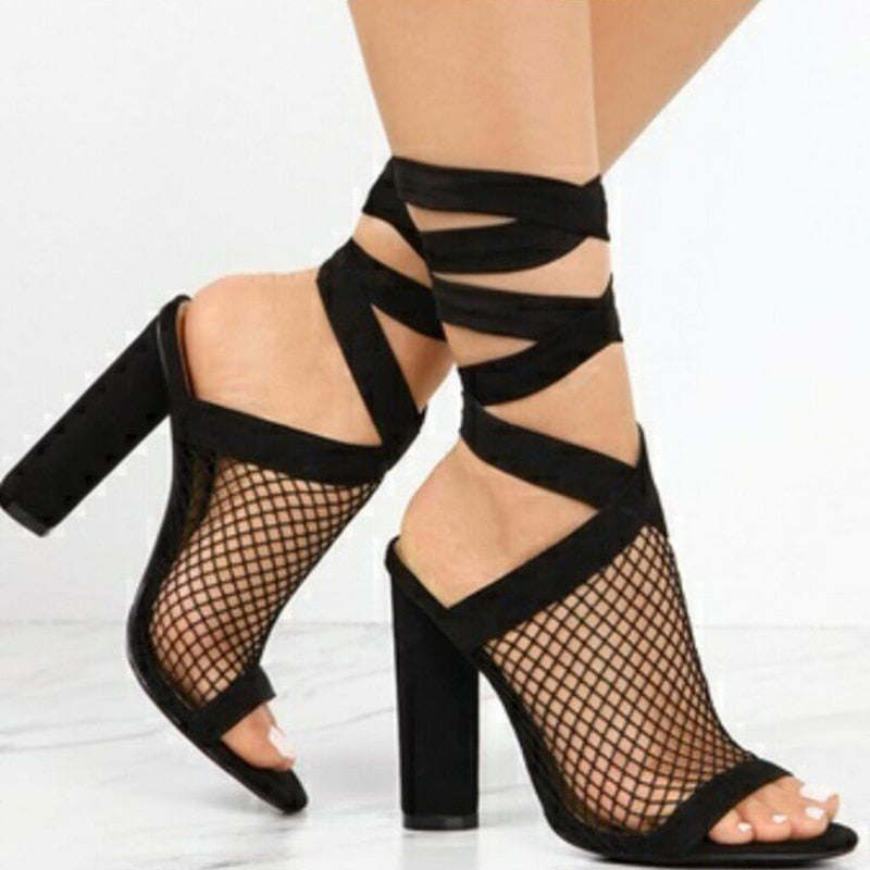 Bandage Flock Cross Strap Lace Up High Heels Sandal